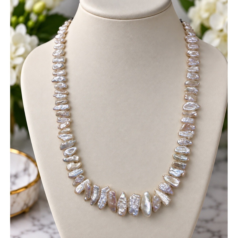 Vintage 18" Biwa Stick Pearl Necklace 925 Sterling Silver High Luster